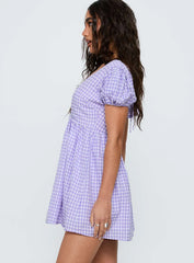 Chavelle Puff Sleeve Mini Dress Purple Check
