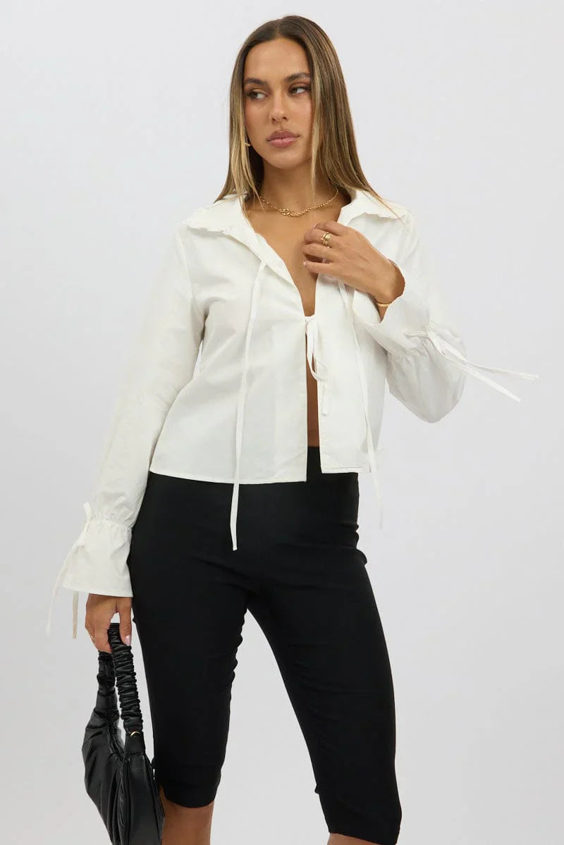 White Tie Up Shirt Long Sleeve Peter Pan Collar