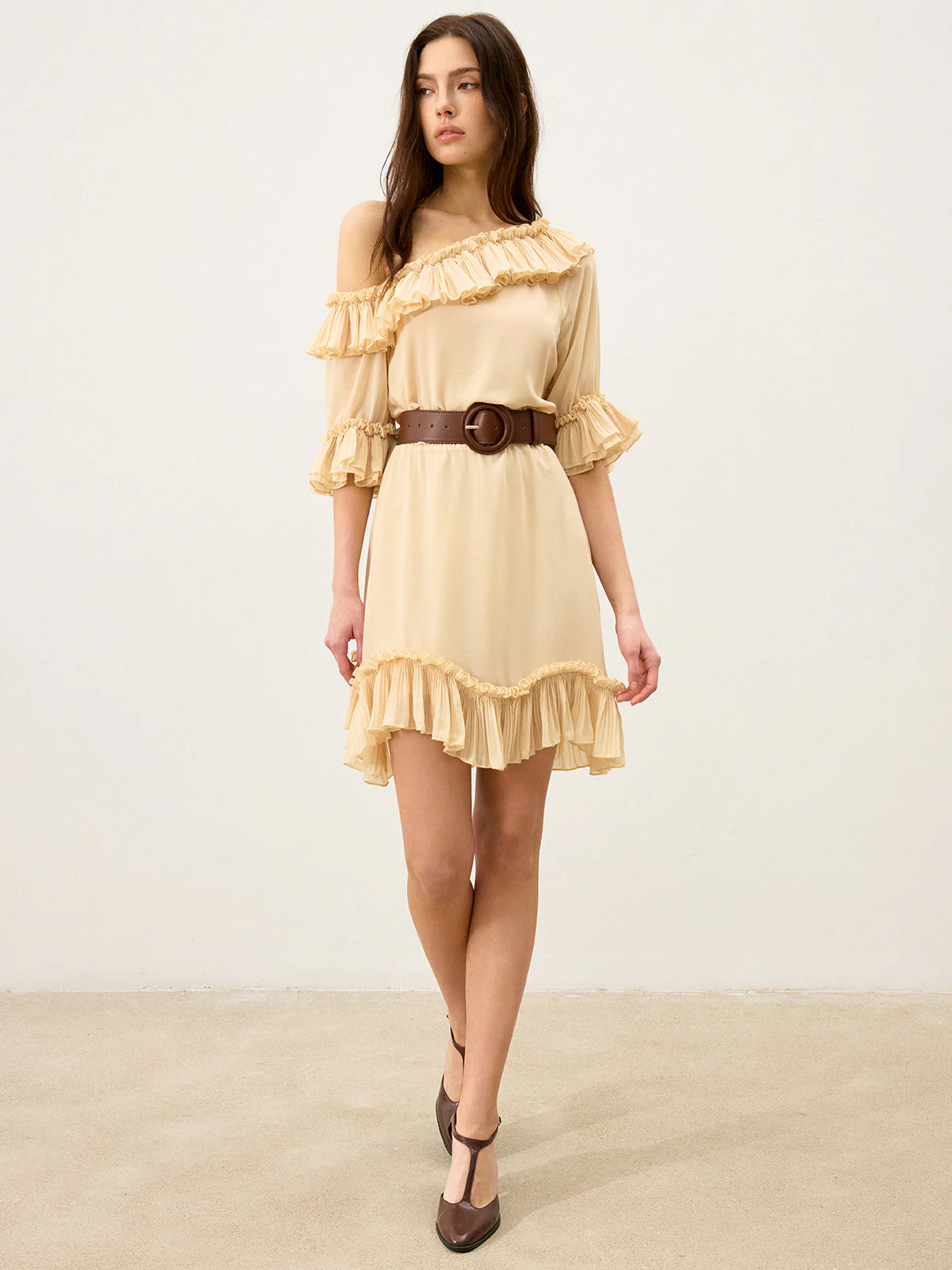 Semi-Sheer Chiffon One-Shoulder Ruffled Mini Dress
