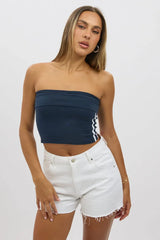 Blue Bandeau Top Side Stripe Fold Over