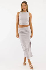 Grey Gathered Sleeveless Top Round Neck Bengaline