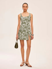 Floral Print Square Neck Dress With Side Slit