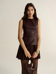 Belted Faux Leather Sleeveless Pleated Mini Dress