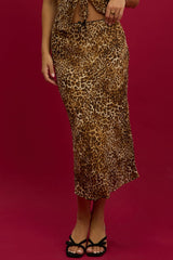 Brown Animal Print Slip Skirt High Rise Midi Picot Trim