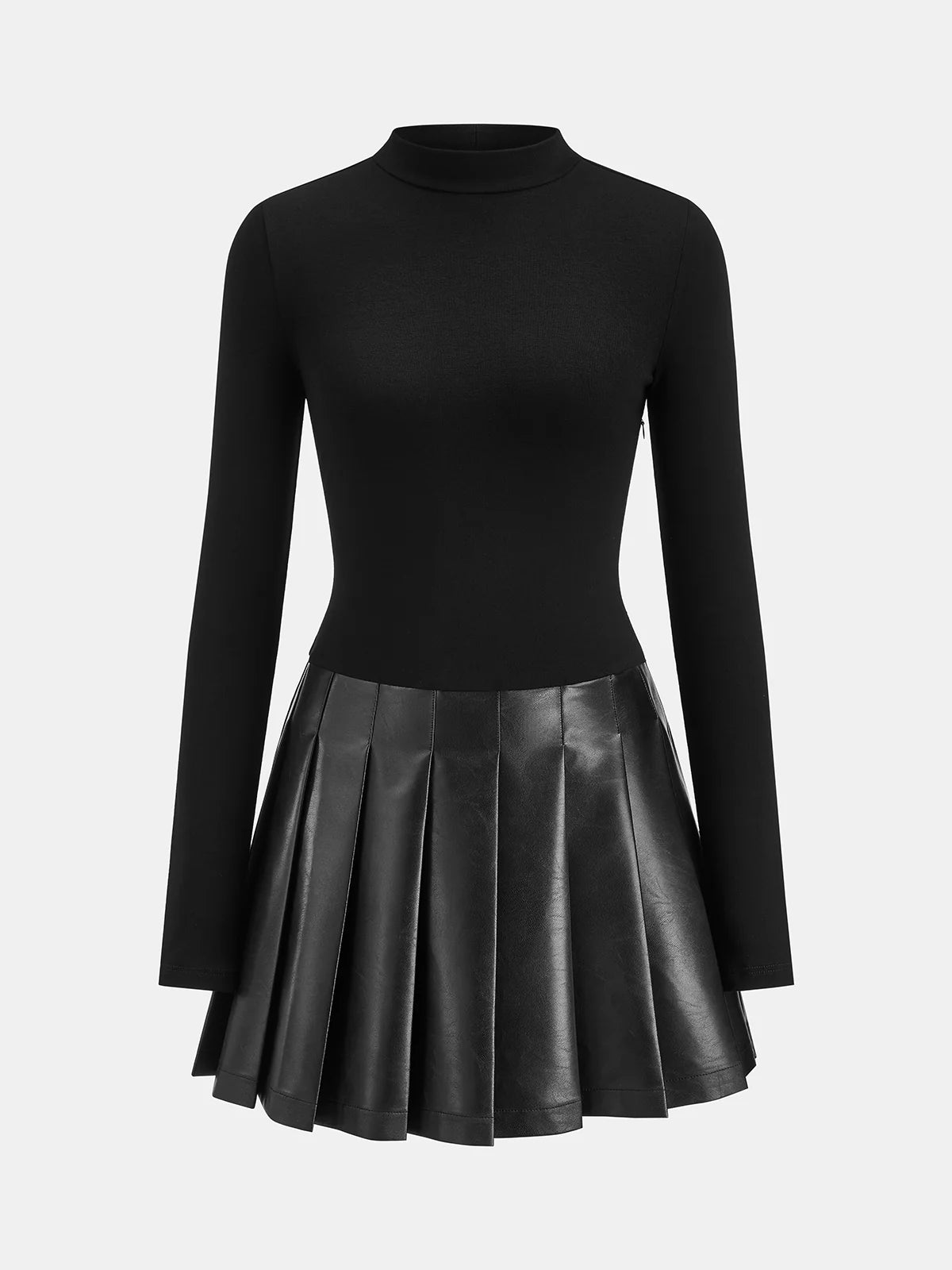 Faux Leather Pleated Panel Long Sleeve Dress