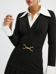Contrast Shirt Paneled Belted Pleated Mini Dress
