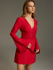 Deep V Ruched Bell-Sleeve Mini Dress
