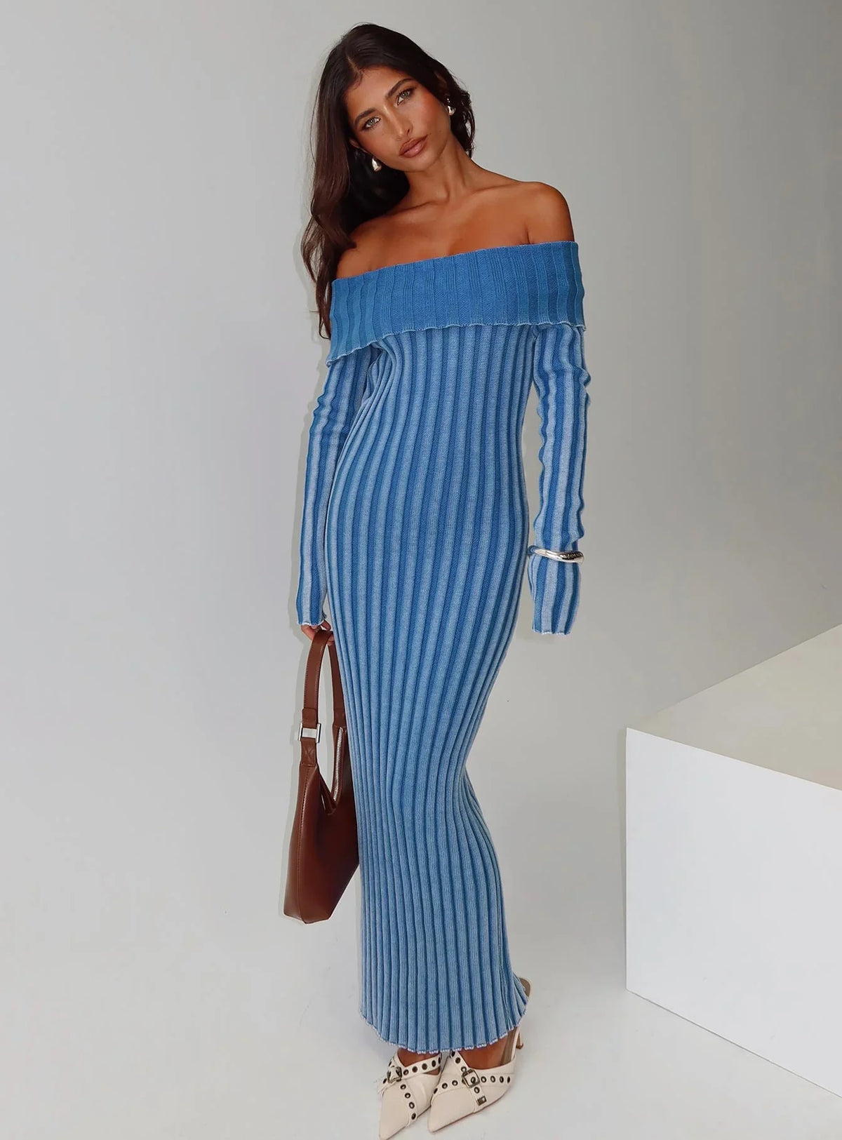 Mariska Long Sleeve Rib Maxi Dress Blue
