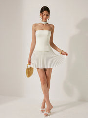 Halter Neck Strapless Pleated Mini Dress