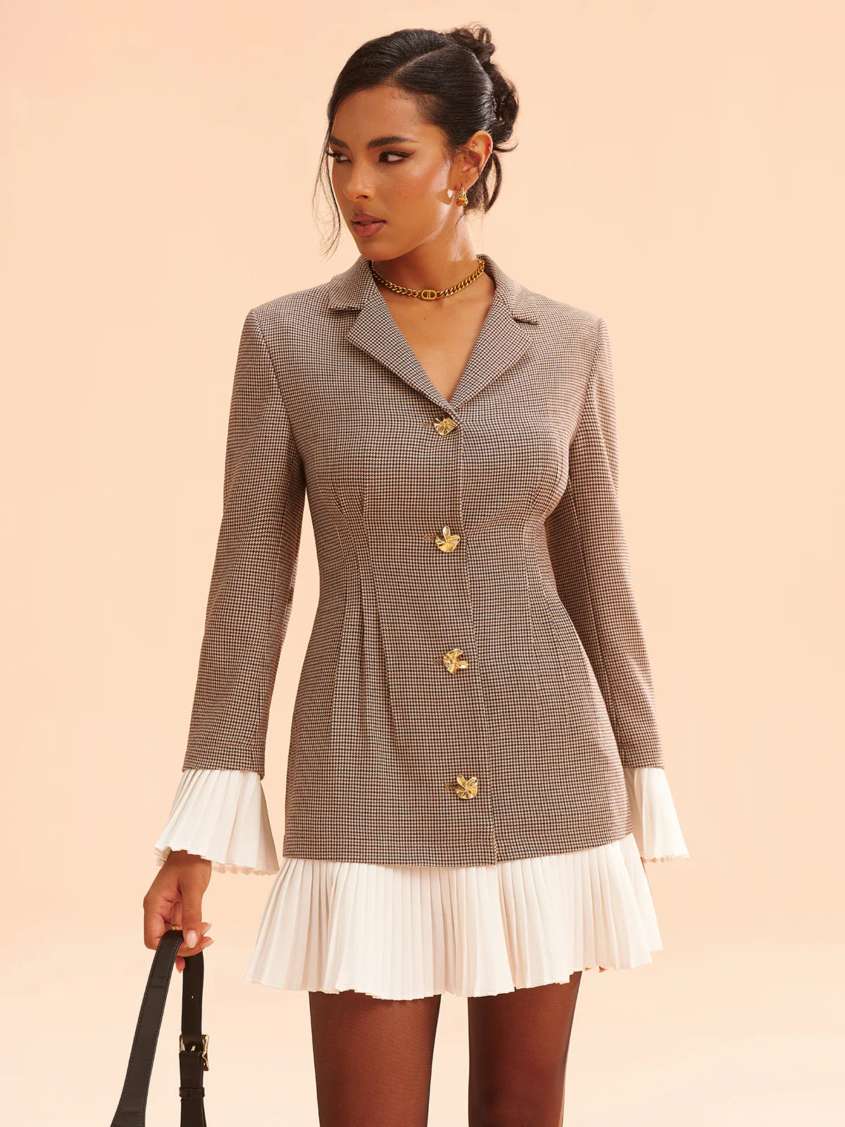 Pleated Hem Panel Houndstooth Blazer Dress